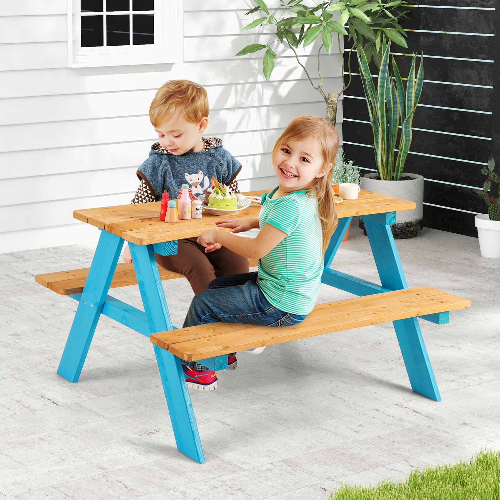 Costzon Kids Picnic Table, Fir Wood Children’s Activity Table with Benches, Toddler Patio Furniture Set, Kids Table and Chair Set for Outdoors, Backyard, Garden, Lawn, Gift for Boys Girls 3+