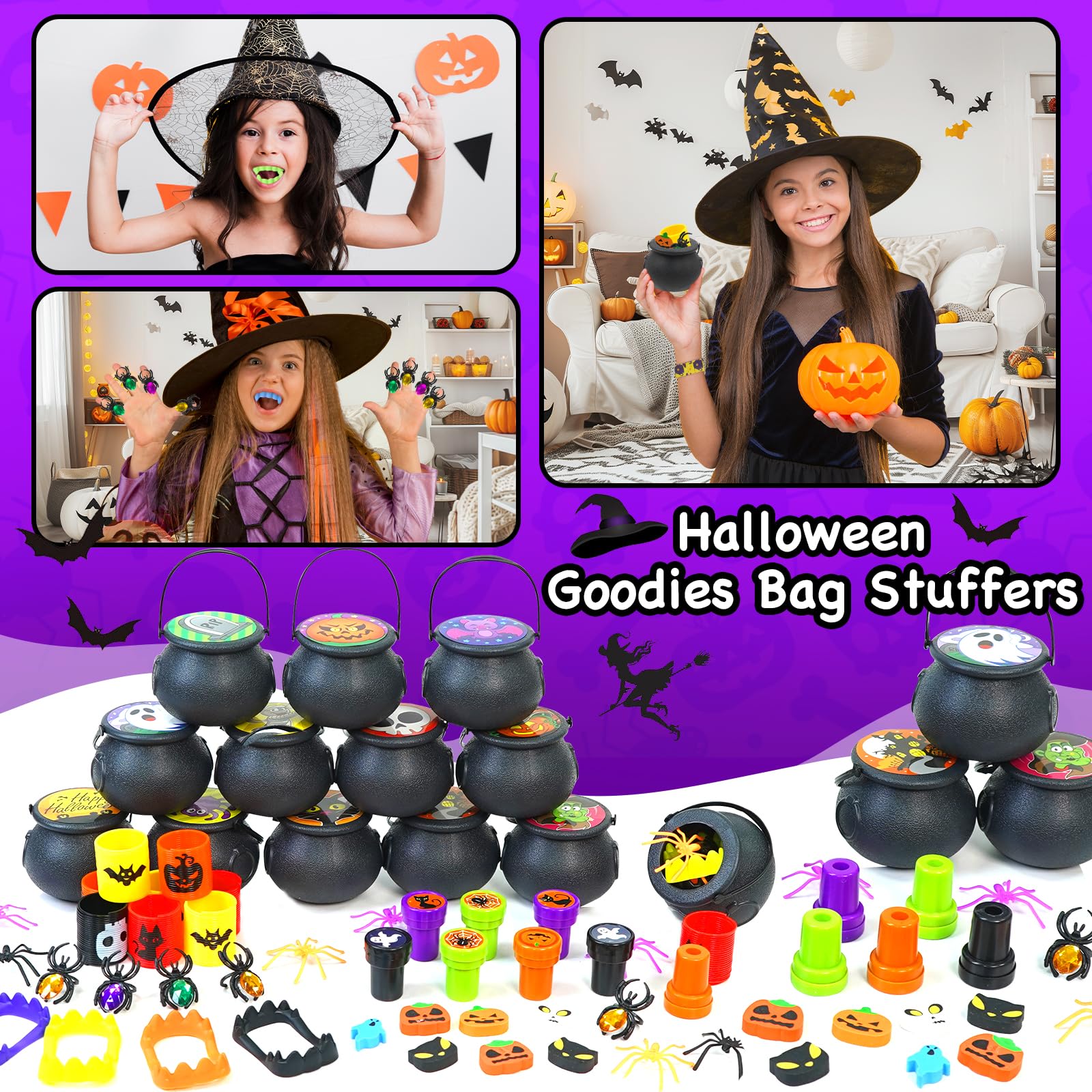 192 PCS Halloween Party Favors for Kids, 24 Pack Prefilled Small Plastic Witch Cauldron Halloween Toys in Bulk for Halloween Party School Classroom Prizes Trick or Treats Gifts