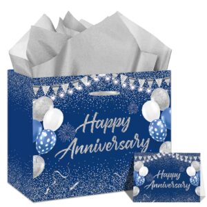 blue silver anniversary party gift bag with tissue papers and card, wedding anniversary paper gift wrapping paper bag11.8'' for men women anniversary party, wedding anniversary party supplies