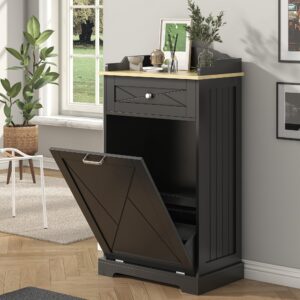 kepptory tilt out trash can cabinet 12 gallon, hidden trash cabinet with drawers, kitchen island kitchen pantry with trash can storage, tilt out laundry hamper cabinet (black, single -door)