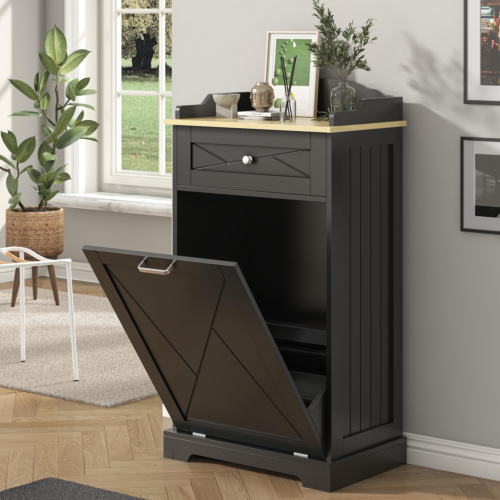 kepptory Tilt Out Trash Can Cabinet 12 Gallon, Hidden Trash Cabinet with Drawers, Kitchen Island Kitchen Pantry with Trash Can Storage, Tilt Out Laundry Hamper Cabinet (Black, Single -Door)