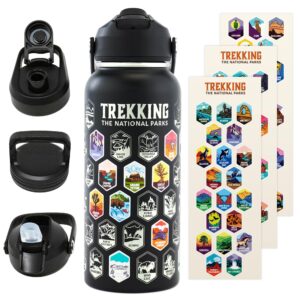 trekking the national parks water bottle with 63 waterproof stickers & 3 lids (straw, spout, & chug) | 32 oz insulated wide mouth stainless steel bottle for camping & hiking | bpa-free and leak-proof