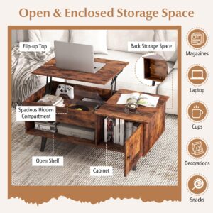 Tangkula Lift Top Coffee Table with Storage, Living Room Table with Hidden Compartment, Cabinet & Open Shelf, Flip Top Center Table, Pull up Coffee Table for Home, Office (Rustic Brown)