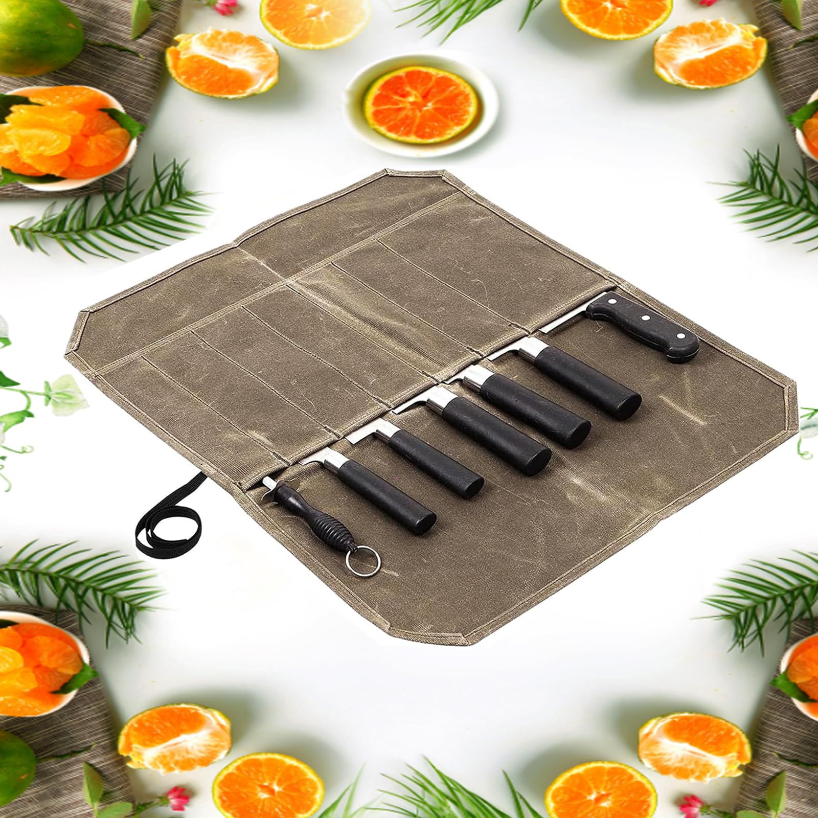 Generic 7 Slots Knife Bags for Chefs Professional, Waterproof Chef Roll Bag, Travel Canvas Carrying Case with Adjustable Strap, 22*18in, khaki, 888002