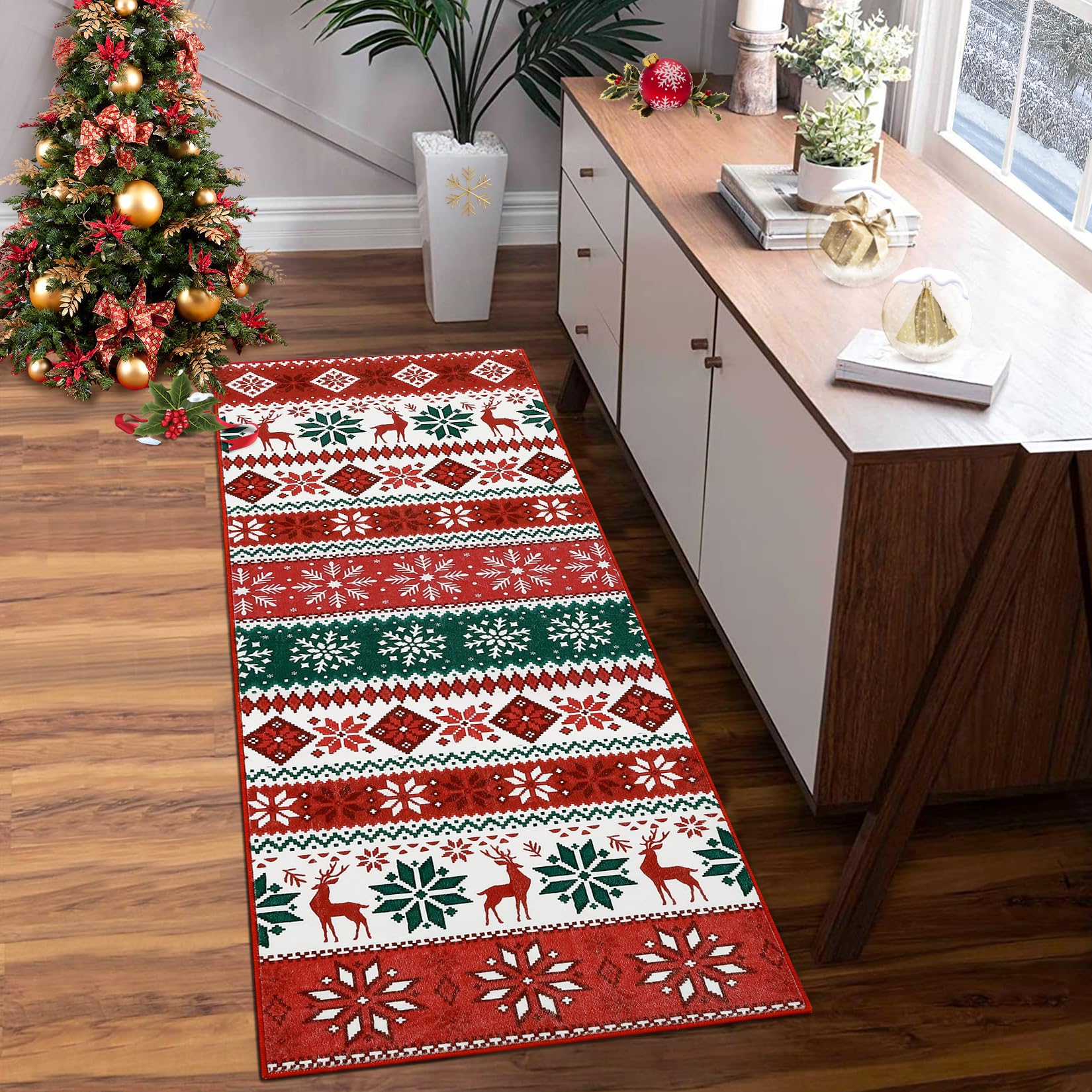 ROYHOME Hallway Runner Rug 2x6 Washable Christmas Runner Indoor Non-Slip Xmas Decorative Throw Floor Covers Boho Accent Festival Xmas Rug Farmhouse Rug Geometric Carpet for Living Room Bedroom, Red