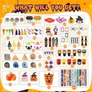 APROAT 140PCS Halloween Party Favors for Kids, Bulk Halloween Premium Toys with Pumpkin Buckets, Halloween Non-Candy Treats Basket Filler for Trick or Treat, Halloween Goodies Bag Stuffers