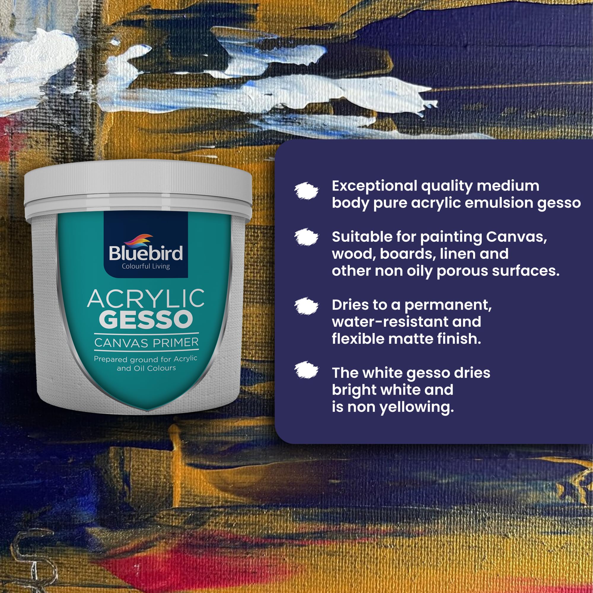 Bluebird Heavy Gesso Primer for Acrylic Painting, White, 513ML / 28.2Oz Full Tub, Gesso Surface Prep Medium For Acrylic Paint and Oil Paint