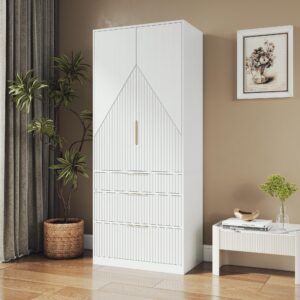 71.7 " wardrobe armoire wooden closet with 2 doors and 3 drawer, bedroom armoire with hanging rod shelf, large capacity storage wardrobe armoire, freestanding wooden closet storage cabinet white