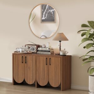 Fluted Buffet Sideboard Cabinet with Storage,Scandinavian 57.9” Storage Cabinet with Adjustable Shelves,Carved Arc Door Design Accent Buffet Cabinet for Living Room Dining Room (Walnut, 4 Door)