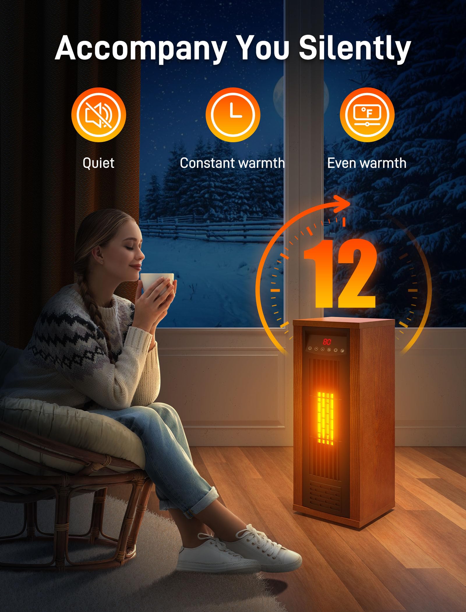 Air Choice Infrared Heater, 1500W Space Heater for Indoor Use with Thermostat, Remote, 3 Modes, 12H Timer, Fast Heating, Tip-over & Overheat Protection, Child Lock, Tower Heater for Bedroom, Office