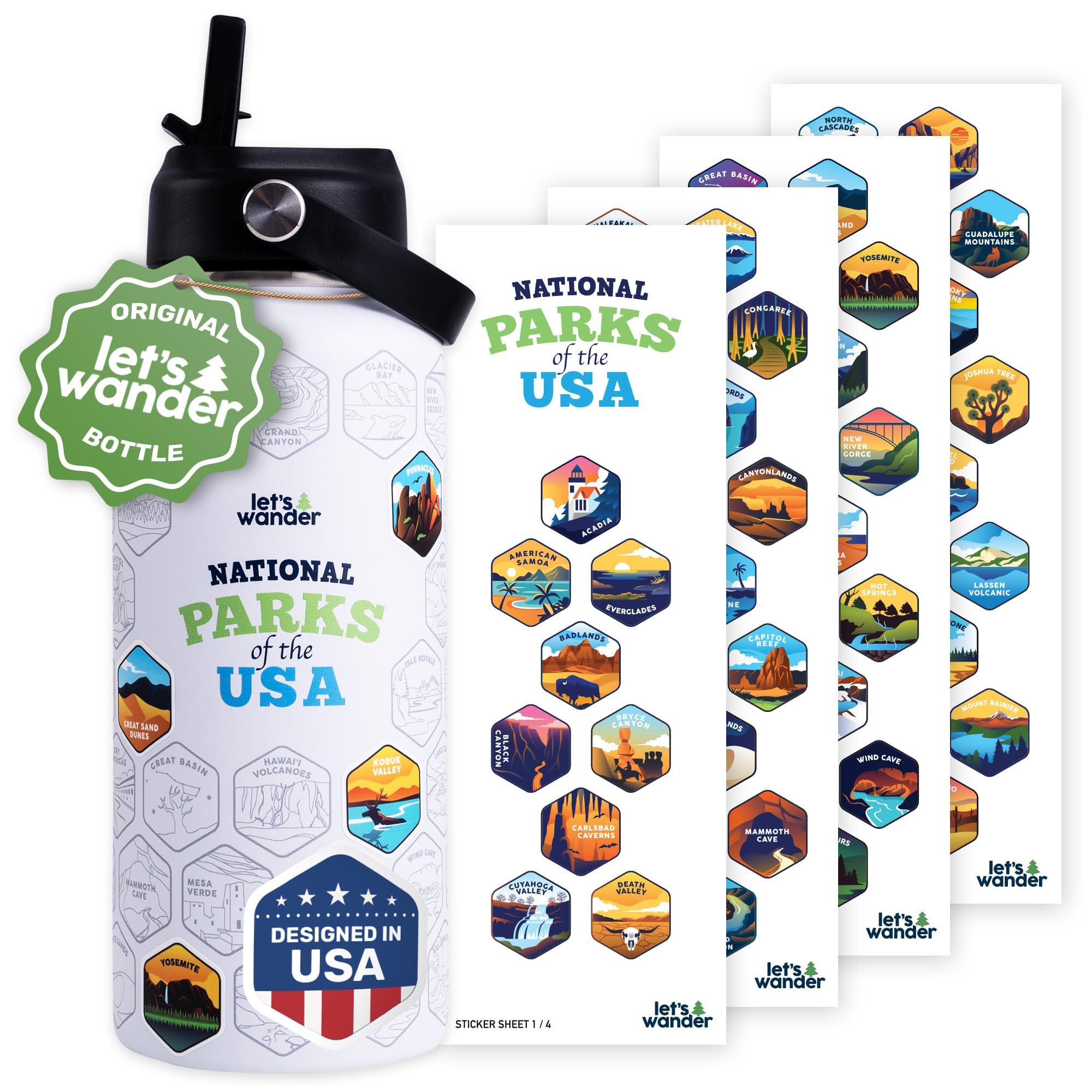 LET'S WANDER Original Lets Wander National Park Water Bottle with Waterproof Stickers - 32oz Leakproof Insulated Stainless Steel with Straw - Parks of the USA Bucket List Bottle [WHITE]