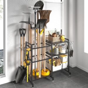 soyeeze garden tool organizer, yard tool rack for garage organization and storage, garden tool holder, up to 35 tools/rakes/brooms/shovel for shed, workshop, outdoor, black