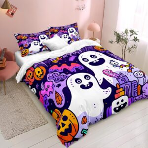 Chumerry Cute Ghost Duvet Cover Halloween Queen Bedding Set Orange Pumpkin Purple Castle Ghost Skull Halloween Decor Teens Kids Cute Graffiti Comforter Cover