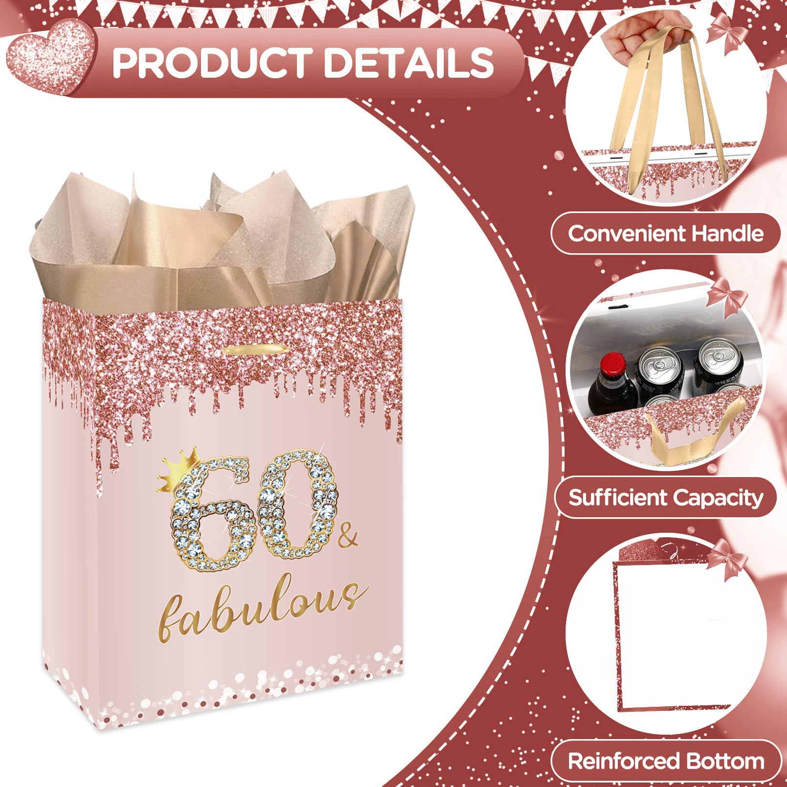 GOLDCROW Rose Gold 60th Birthday Gift Bag for Women with Handles Large Pink Happy 60th Birthday Gift Bag with 60th Birthday Wrapping Paper and Card for 60th Birthday Decorations Party Supplies