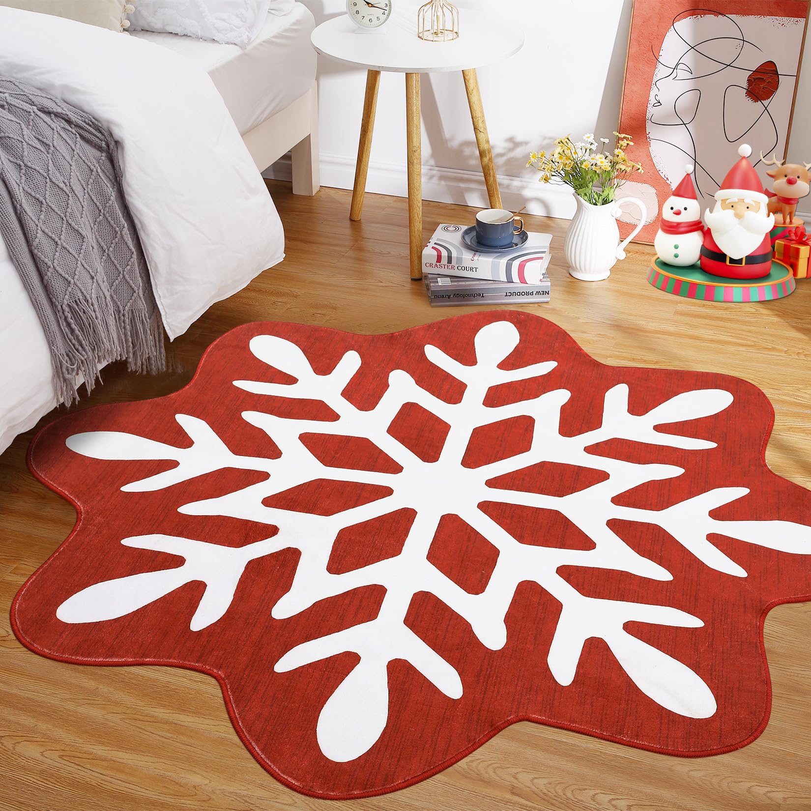 CAREMEE Christmas Round Rug Washable Area Rugs 4ft Circle Rug for Living Room Non Slip Soft Non Shedding Throw Rugs Stain Resistant Room Decor Carpet for Dining Room Snowflake 4'x4'