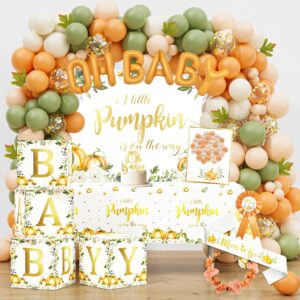 little pumpkin baby shower decorations party supplies for boy or girl, rustic fall autumn baby shower decor, a little pumpkin is on the way backdrop balloon arch baby box mom to be sash dad to be pin