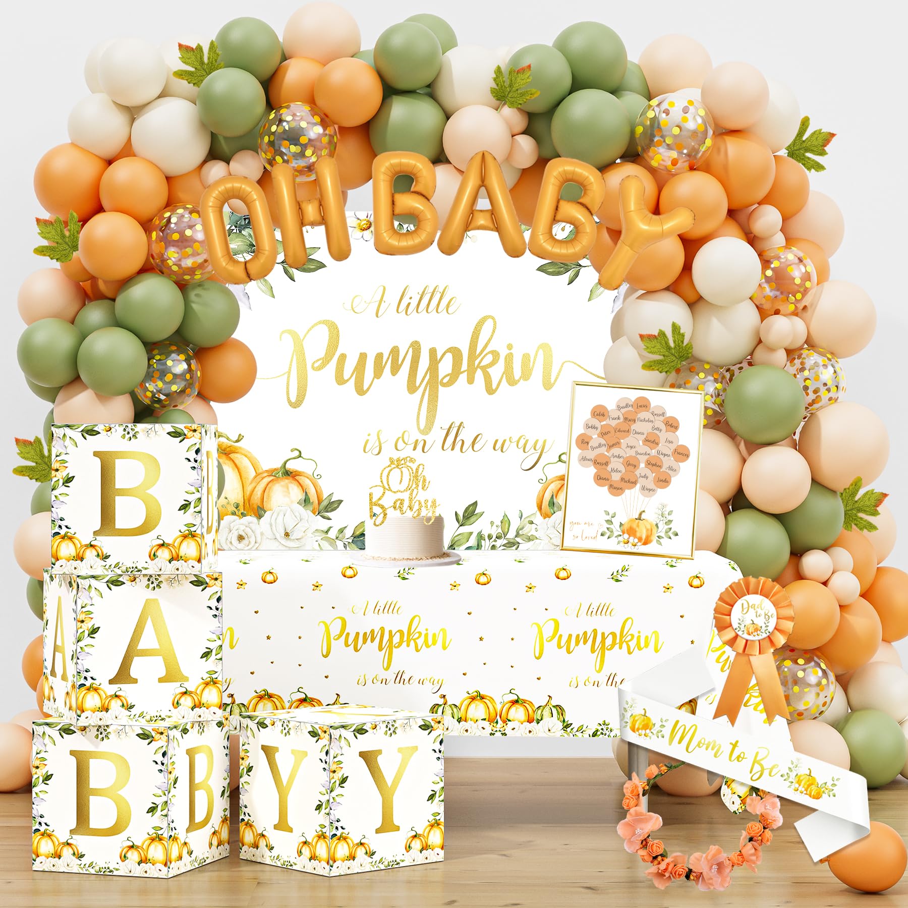 Little Pumpkin Baby Shower Decorations Party Supplies for Boy or Girl, Rustic Fall Autumn Baby Shower Decor, A Little Pumpkin is on The Way Backdrop Balloon Arch Baby Box Mom to Be Sash Dad to Be Pin