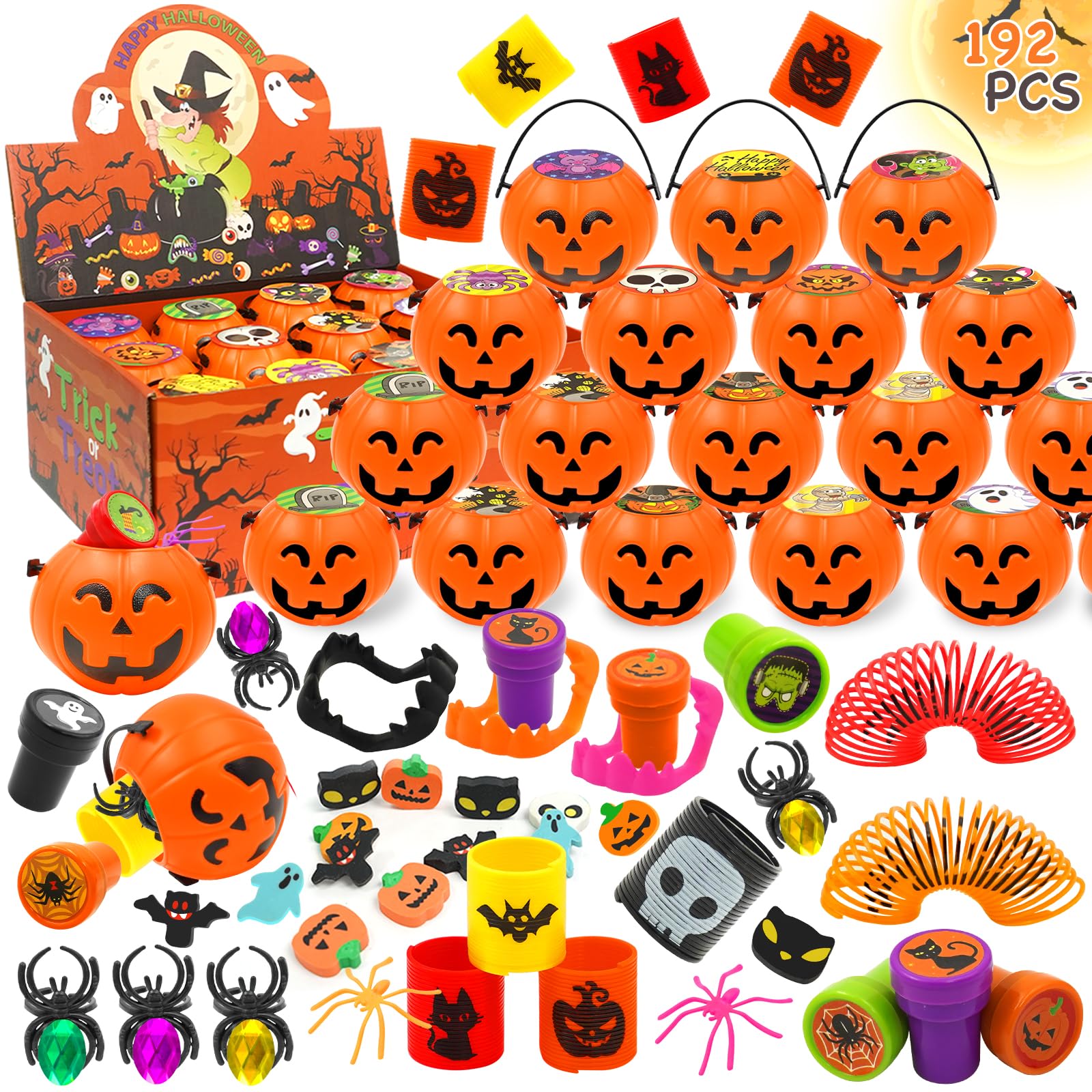 192 PCS Halloween Party Favors For Kids, 24 Pack Prefilled Halloween Pumpkins With Toys Halloween Toys Bulk for Halloween Party School Classroom Prizes Rewards Trick or Treats Gifts