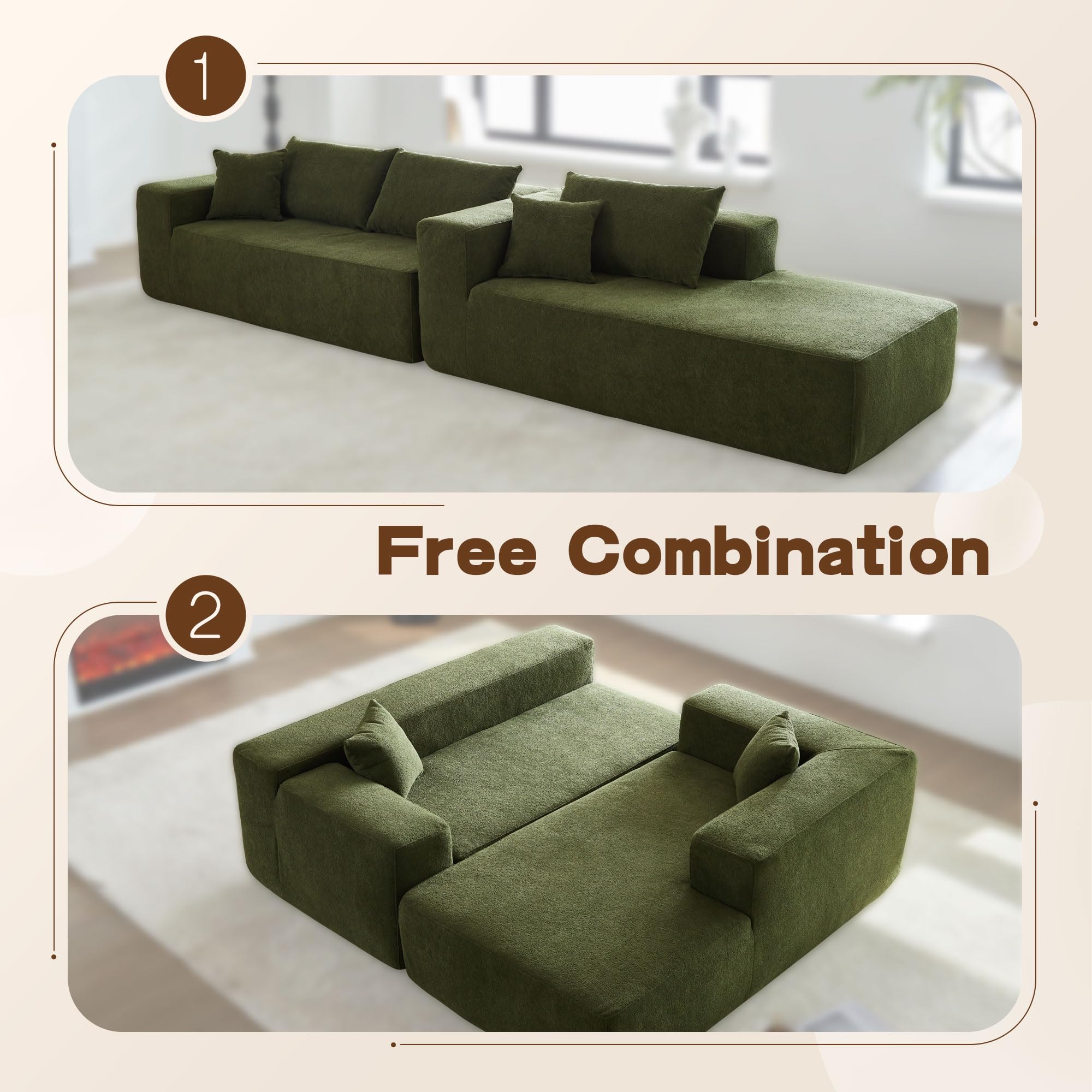 104" Modular Sectional Sofa Couch,L-Shape Upholstered Cloud Couch,Modern Minimalist Couches for Living Room,Free Combination Deep Seat Corner Couch (Green, Sherpa/Right Facing Chaise)