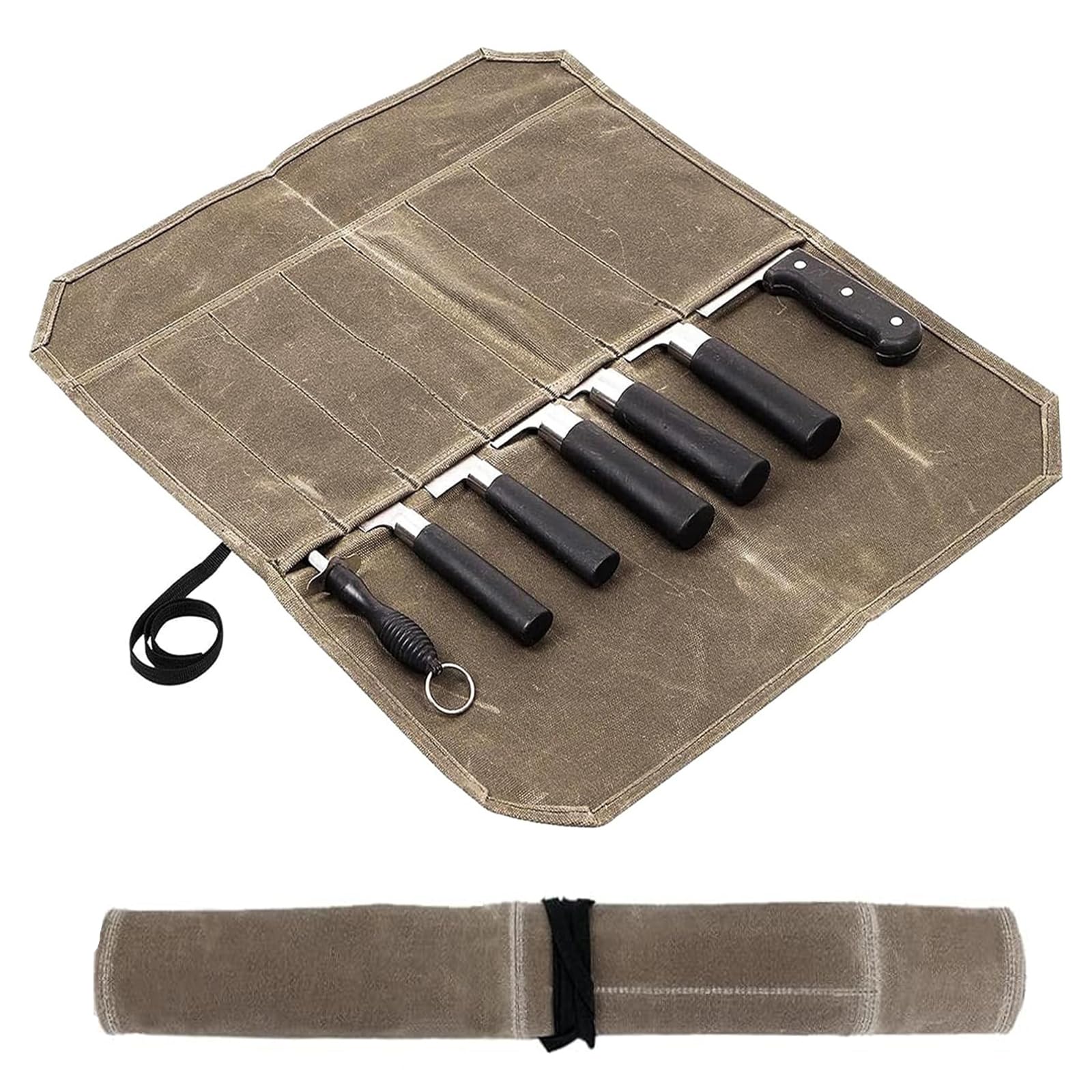 Generic 7 Slots Knife Bags for Chefs Professional, Waterproof Chef Roll Bag, Travel Canvas Carrying Case with Adjustable Strap, 22*18in, khaki, 888002