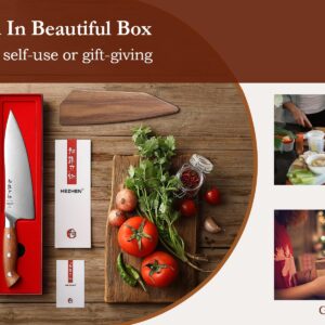 HEZHEN Pro Chefs Knives 8.3 Inch,High Carbon German 1.4116 Steel,Stainless Steel Rivets with Red Wood Handle，Razor Sharp,Super Edge,with Woodern Knife Sheath