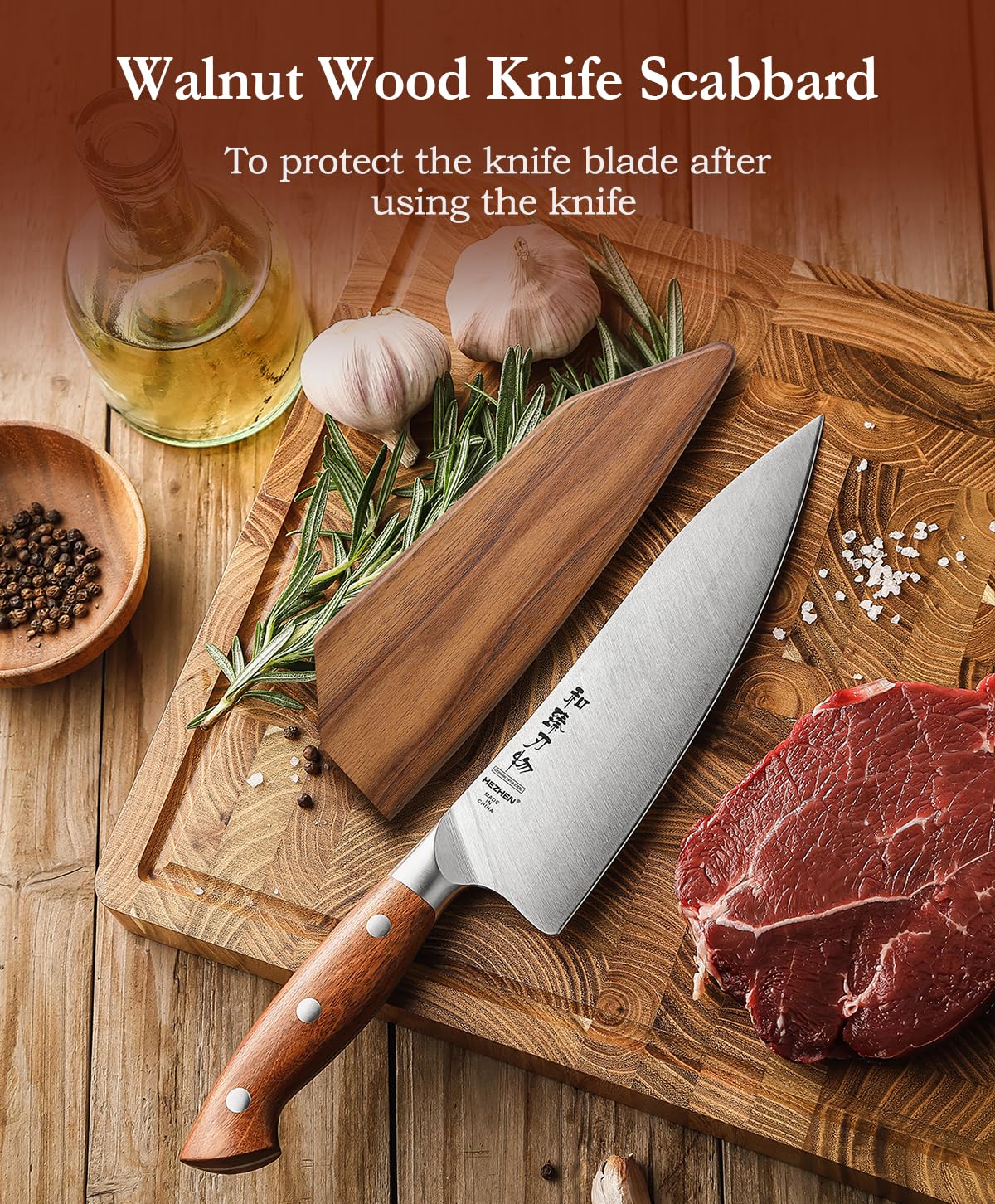 HEZHEN Pro Chefs Knives 8.3 Inch,High Carbon German 1.4116 Steel,Stainless Steel Rivets with Red Wood Handle，Razor Sharp,Super Edge,with Woodern Knife Sheath