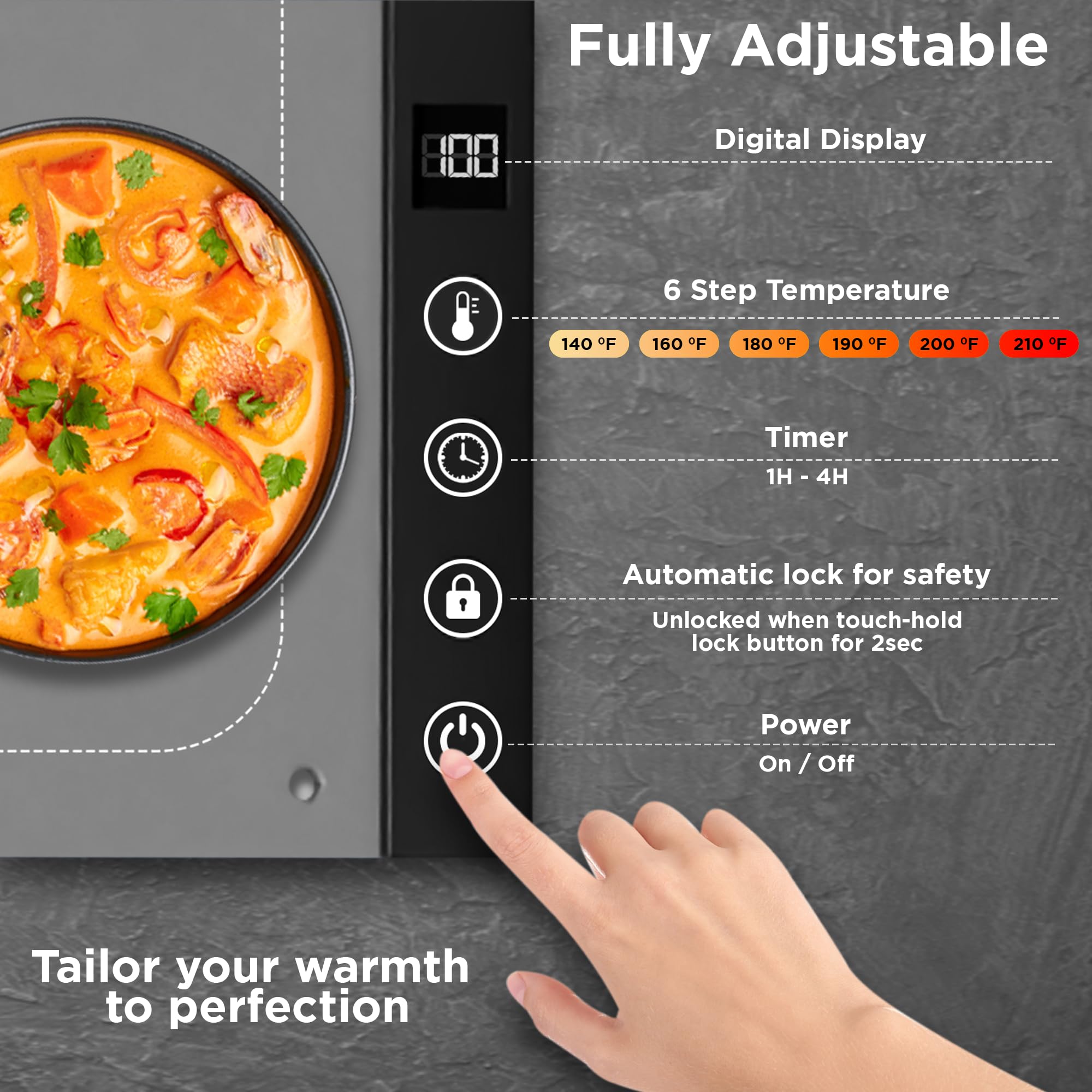 Electric Warming Tray Dark Gray Color - Nano Silicone Food Warm Mat with 6 Temperature Setting & Full Surface Heating