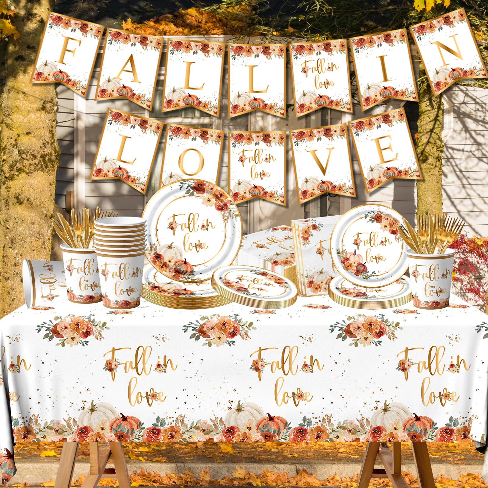 Fall In Love Bridal Shower Decorations Tableware, 142Pcs Fall In Love Decorations Includes Fall In Love Plates Fall In Love Napkins, Fall Bridal Shower Decorations Fall Engagement Party Decorations