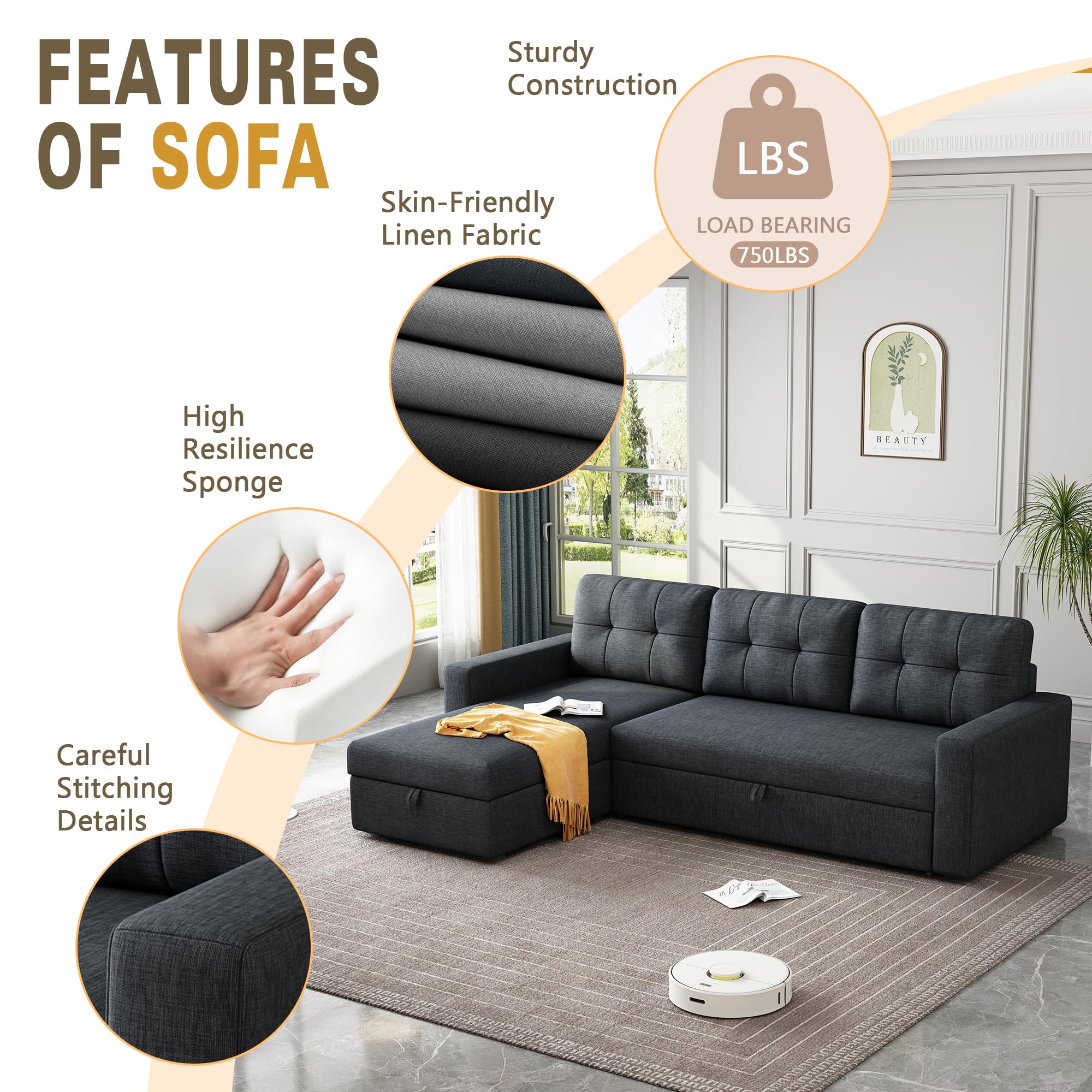 Favfurish 81.5" Sectional Sleeper Sofa with Storage Chaise, L Shaped Pull Out Couch Bed with 3 Removable Back Cushion for Living Room,Apartment,Dark Grey