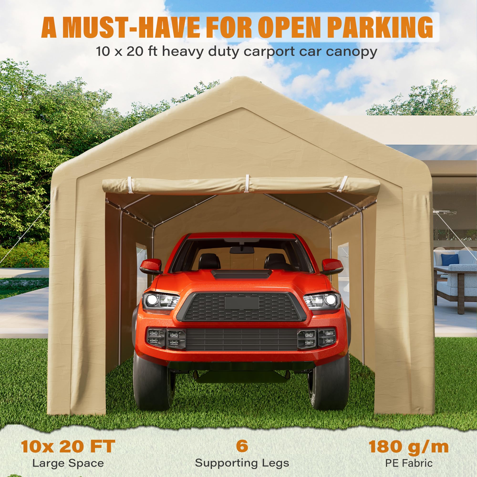 Betterland Carport, 10'x 20' Heavy Duty Carport Canopy，Outdoor Portable Garage with 2 Roll-up Doors & 4 Mesh Windows,All Weather Outside Car Shed for Car, Pickup,and Boat, Khaki