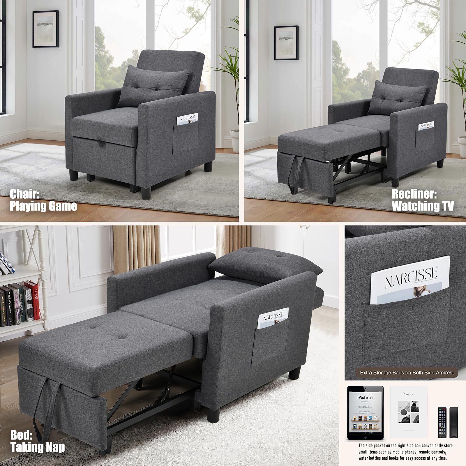 HABYMOKE Sleeper Sofa Chair Bed, 3-in-1 Convertible Single Sofa Bed with Modern Linen Fabric, Adjustable Sleeper Chair Pullout Sofa Bed for Living Room Apartment Small Spaces, Dark Gray