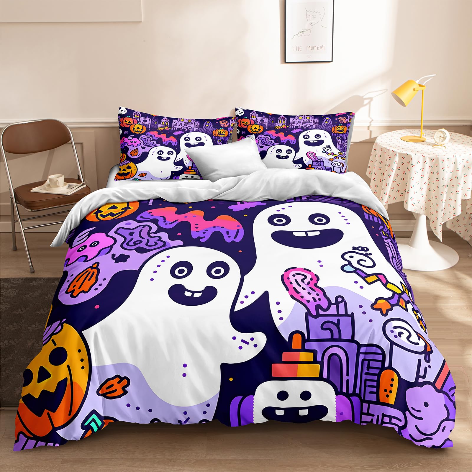 Chumerry Cute Ghost Duvet Cover Halloween Queen Bedding Set Orange Pumpkin Purple Castle Ghost Skull Halloween Decor Teens Kids Cute Graffiti Comforter Cover