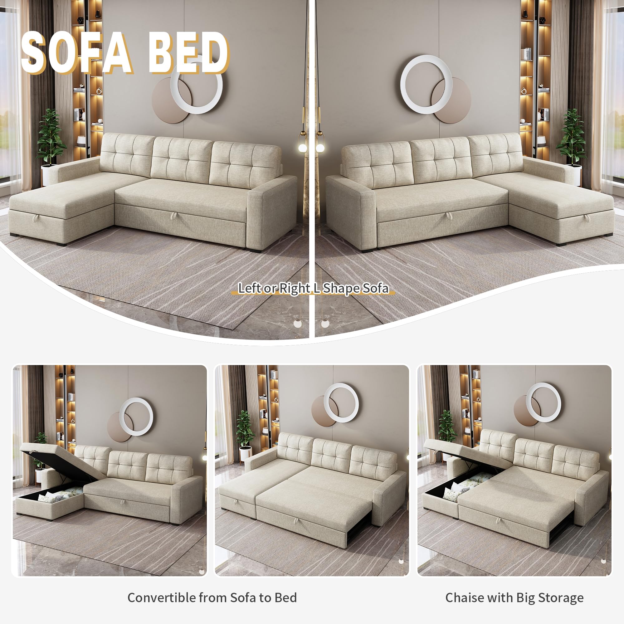 Favfurish 81.5" Sectional Sleeper Sofa with Storage Chaise, L Shaped Pull Out Couch Bed with 3 Removable Back Cushion for Living Room,Apartment,Beige