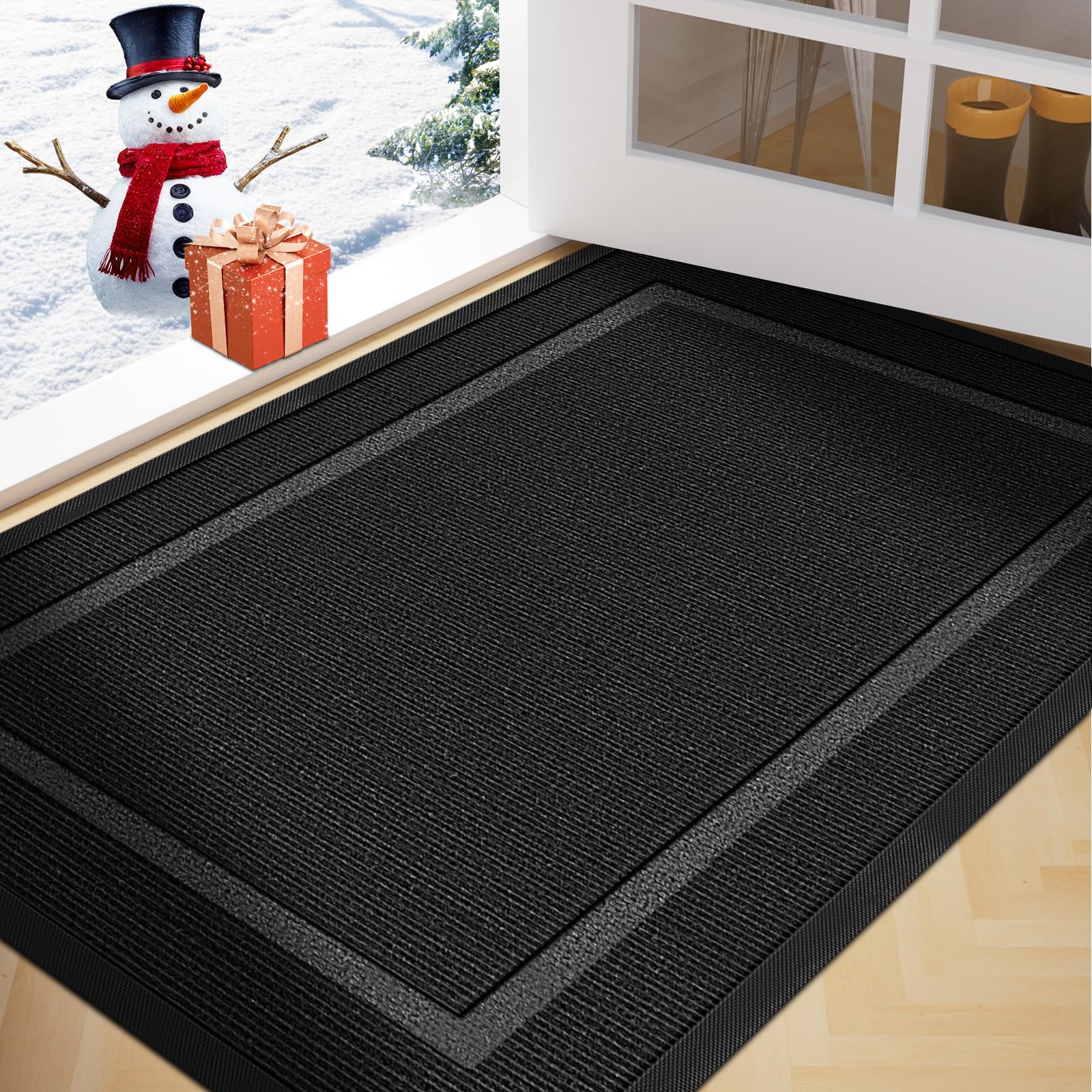 36"x24" Large Front Door Mat Outside Entrance Indoor Doormat, Waterproof All-Season All-Weather Entryway Mat, Natural Rubber Outdoor Doormats, Trap Dirt Moisture Back Door Mat for Patio Porch, Black