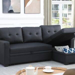 FANYE L-Shaped 3 Seater Reversible Sleeper Sectional Sofa Modern Smooth Faux Leather Tufted Upholstered Convertible Sofabed with Pull Out Sleep Couch Bed for Compact Space Living Room Sofa&Couch