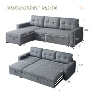 Favfurish 81.5" Sectional Sleeper Sofa with Storage Chaise, L Shaped Pull Out Couch Bed with 3 Removable Back Cushion for Living Room,Apartment,Office, Ligt Grey