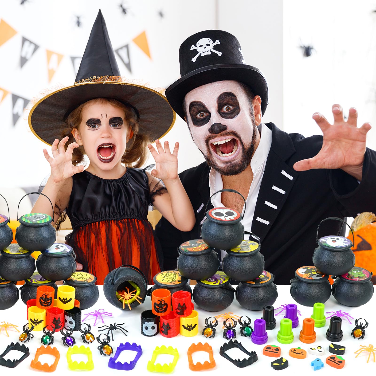 192 PCS Halloween Party Favors for Kids, 24 Pack Prefilled Small Plastic Witch Cauldron Halloween Toys in Bulk for Halloween Party School Classroom Prizes Trick or Treats Gifts