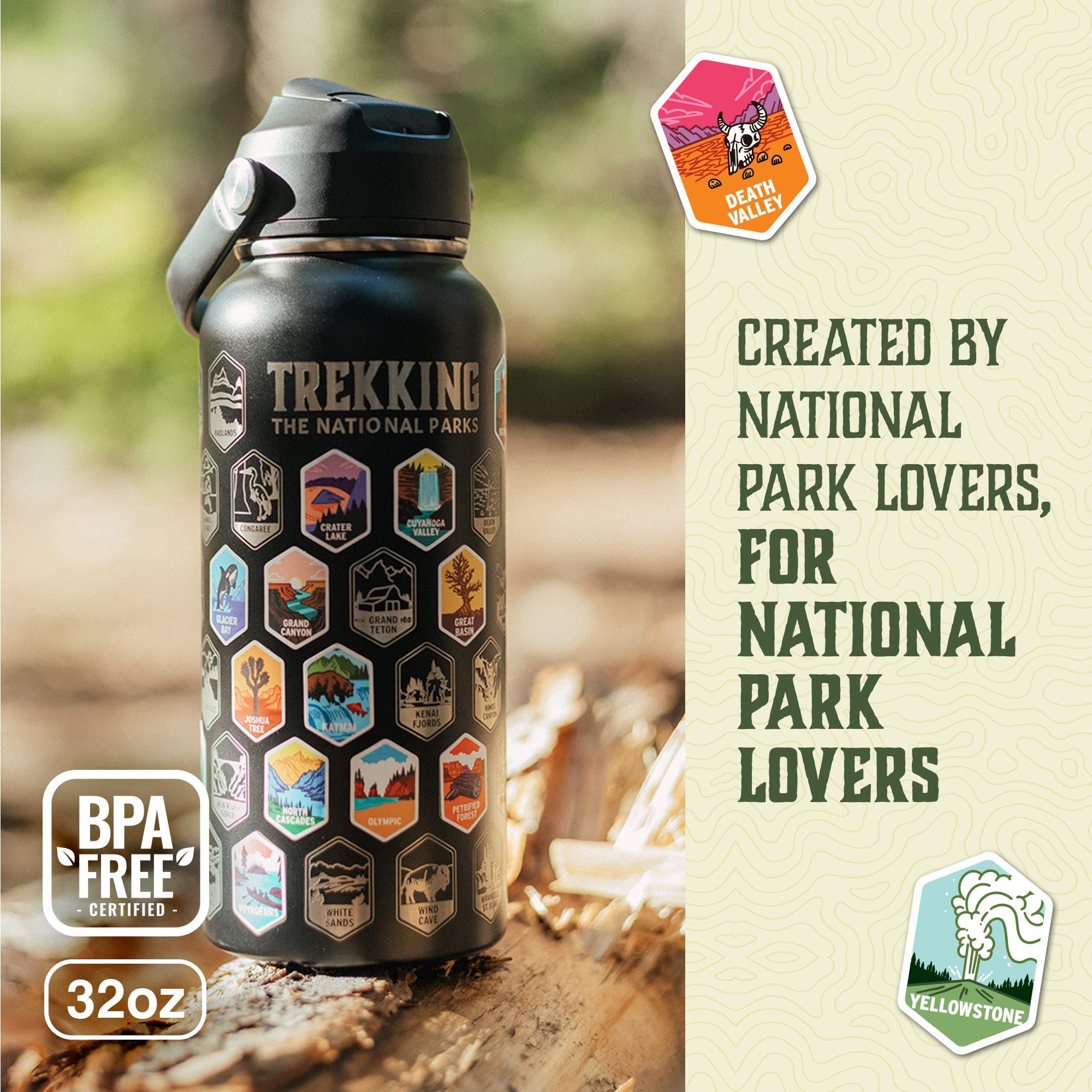 Trekking The National Parks Water Bottle with 63 Waterproof Stickers & 3 Lids (Straw, Spout, & Chug) | 32 Oz Insulated Wide Mouth Stainless Steel Bottle for Camping & Hiking | BPA-Free and Leak-Proof