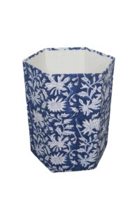 3.3 gallon cotton hand block printed paper waste basket |small decorative trash can for housewarming gifts in living room, bedroom, bathroom | eco-friendly, plastic-free (1, blue white flowar)