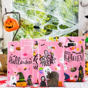 MARSOSAUR Halloween Candy Bag,100PCS Handle Candy Treat Bags Halloween Sweets Bags Trick or Treat Bags Reusable Pink Gift Bags for Halloween Party Supplies Favors, Homemade Craft Snack Gift Packing