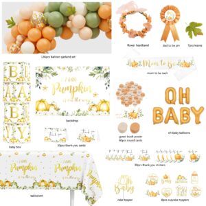 Little Pumpkin Baby Shower Decorations Party Supplies for Boy or Girl, Rustic Fall Autumn Baby Shower Decor, A Little Pumpkin is on The Way Backdrop Balloon Arch Baby Box Mom to Be Sash Dad to Be Pin