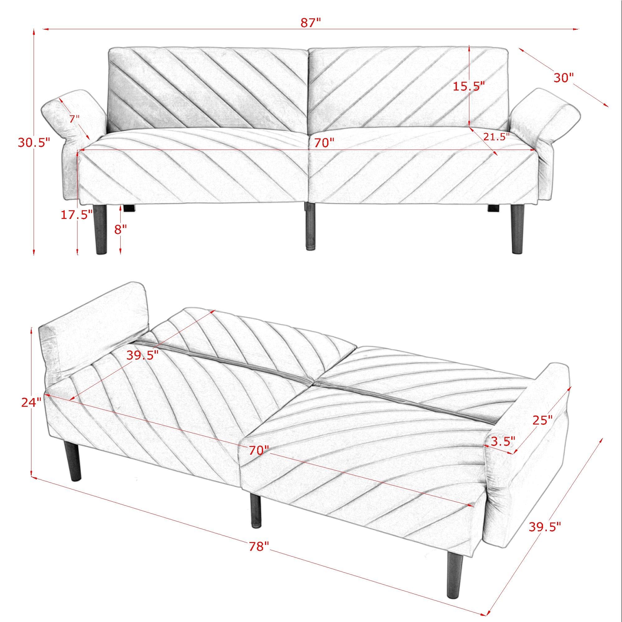 Velvet Futon Sofa Bed Couch, Convertible Sleeper Sofa with Adjustable Armrests and Backrest, 78" 3 Seats for Living Room, Office, Apartment (Grey)