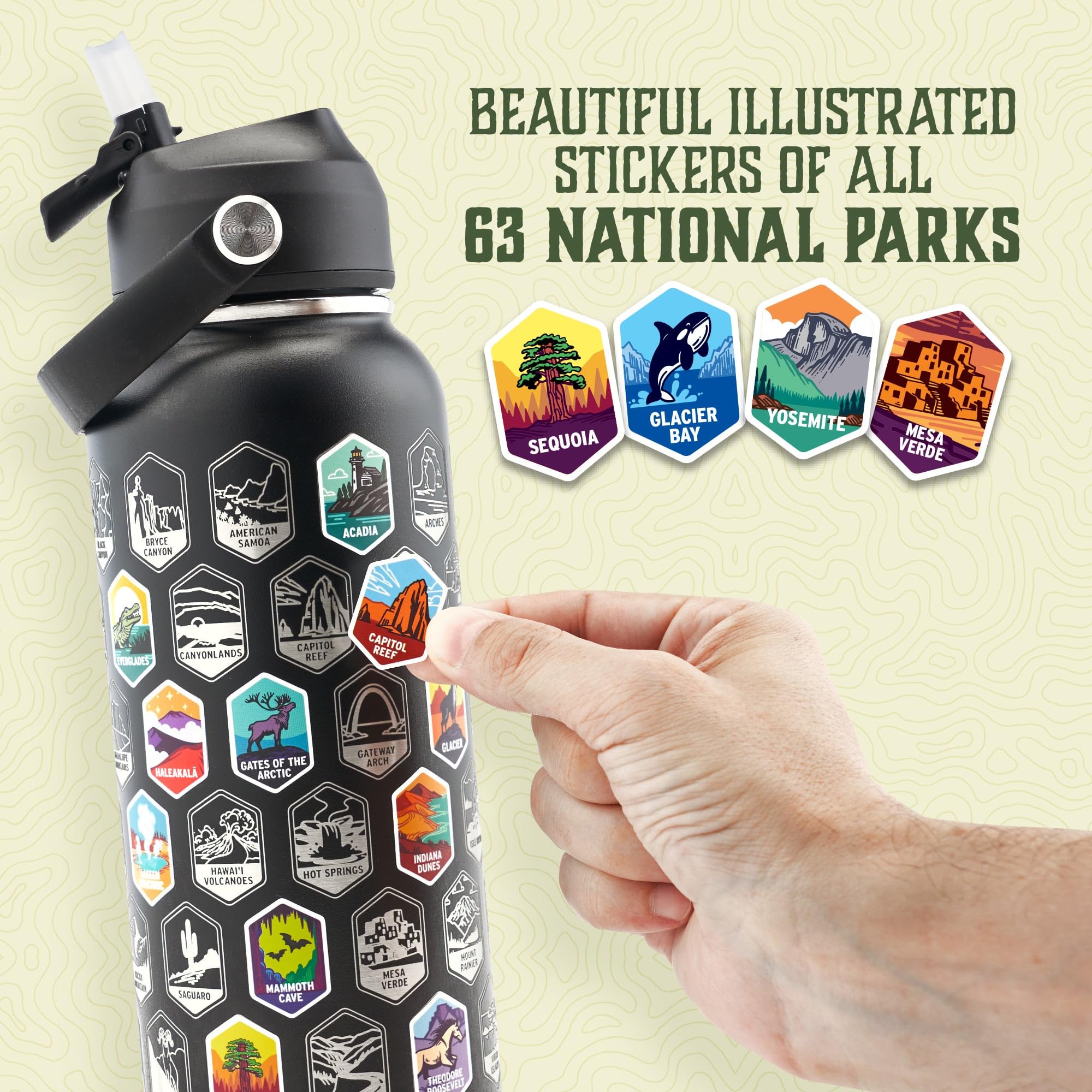 Trekking The National Parks Water Bottle with 63 Waterproof Stickers & 3 Lids (Straw, Spout, & Chug) | 32 Oz Insulated Wide Mouth Stainless Steel Bottle for Camping & Hiking | BPA-Free and Leak-Proof