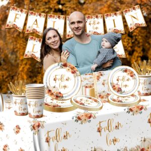 Fall In Love Bridal Shower Decorations Tableware, 142Pcs Fall In Love Decorations Includes Fall In Love Plates Fall In Love Napkins, Fall Bridal Shower Decorations Fall Engagement Party Decorations