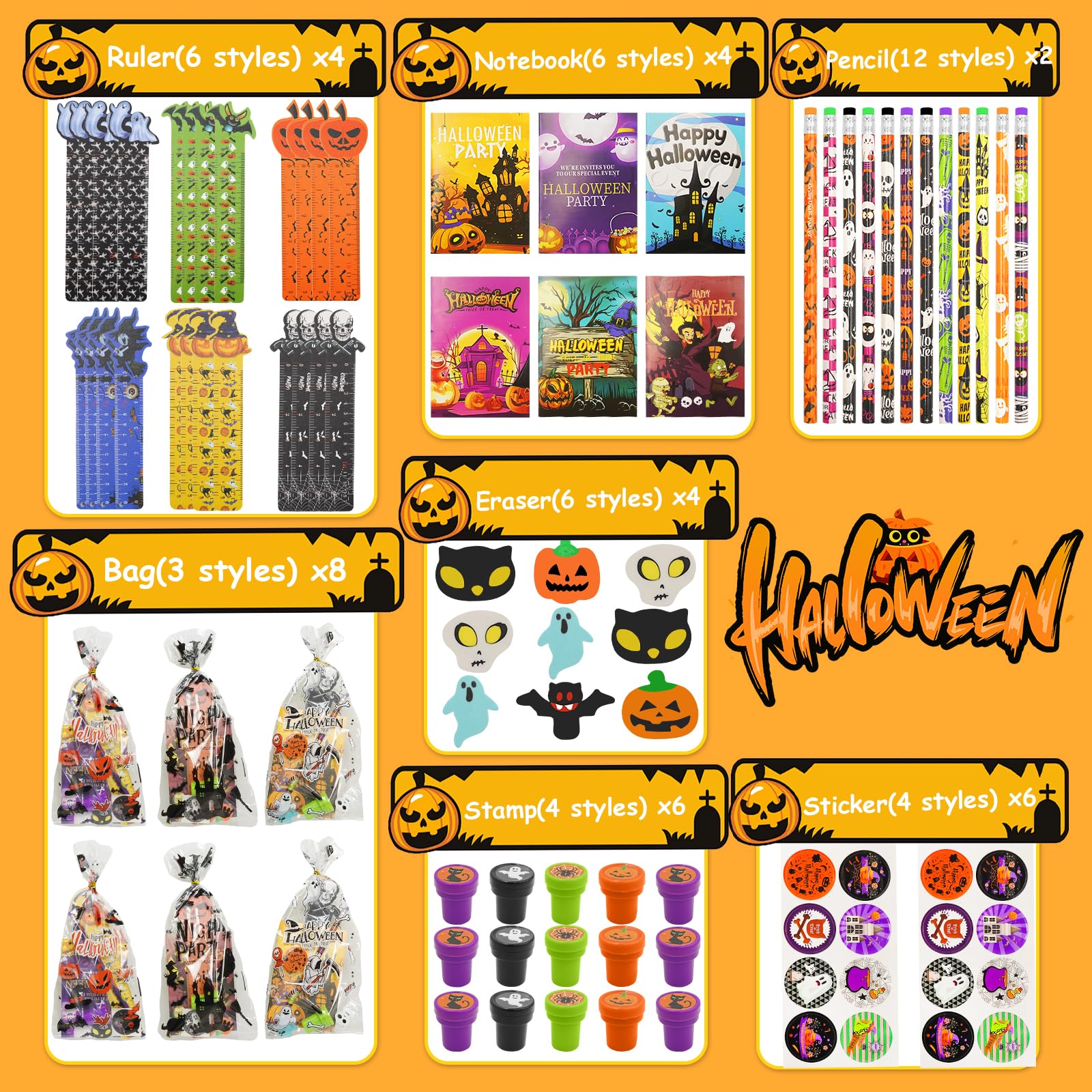 168 PCS Halloween Party Favors 24 Pack Halloween Stationery for kids Trick or Treat Gifts for Halloween Party Classroom School Supplies Prizes Rewards Halloween Goodie Bag Stuffers Halloween Toys