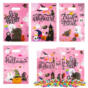 marsosaur halloween candy bag,100pcs handle candy treat bags halloween sweets bags trick or treat bags reusable pink gift bags for halloween party supplies favors, homemade craft snack gift packing