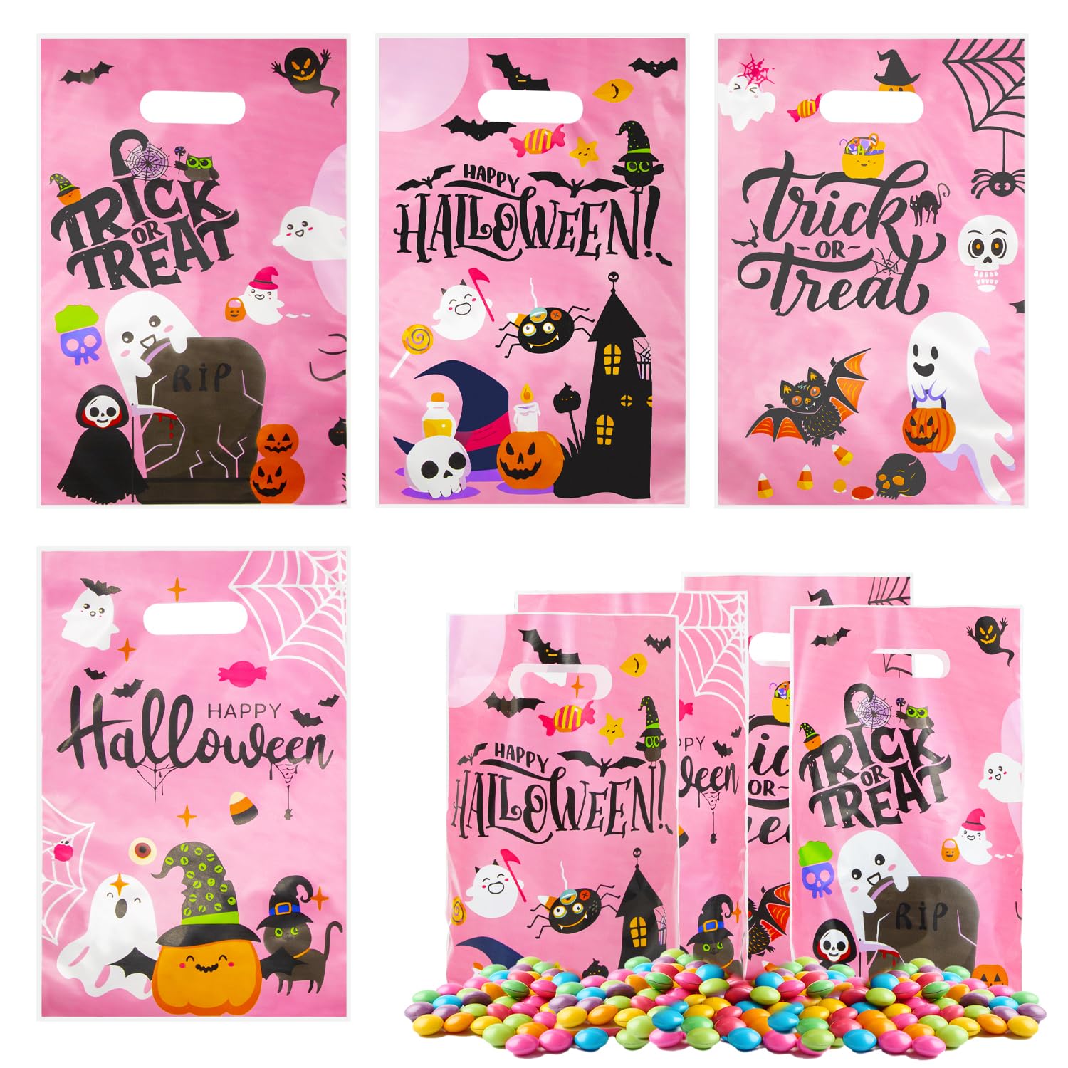 MARSOSAUR Halloween Candy Bag,100PCS Handle Candy Treat Bags Halloween Sweets Bags Trick or Treat Bags Reusable Pink Gift Bags for Halloween Party Supplies Favors, Homemade Craft Snack Gift Packing