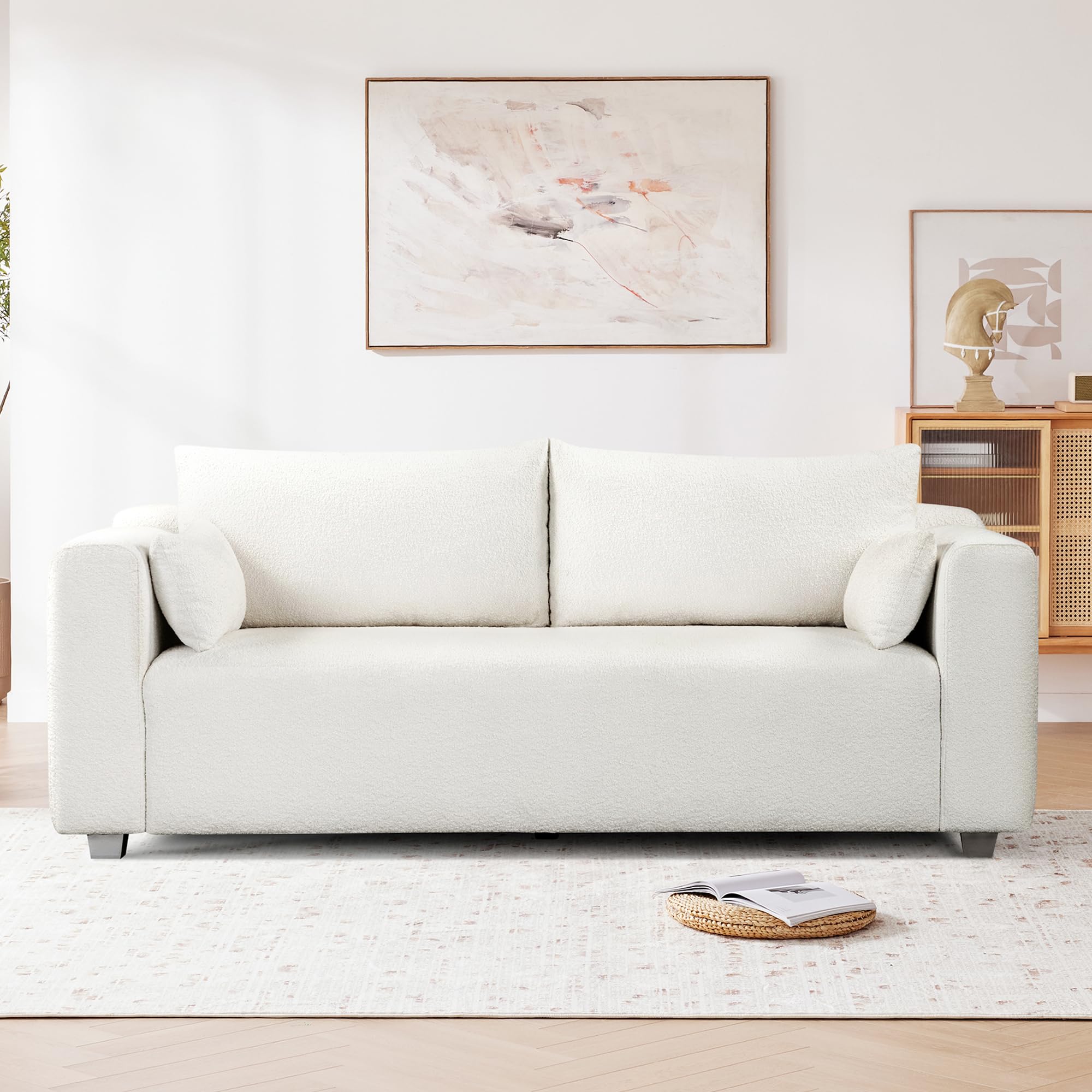 Favfurish 82" Modern Loop Yarn Fabric Sofa,Minimalist 2-3 Seat Couch with Extra Wide Domed Arms,One-Piece Seat Frame,Easy to Install,Loveseats for Living Room, Bedroom, Apartment,Office,White