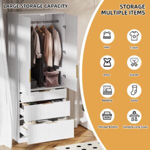 71.7 " Wardrobe Armoire Wooden Closet with 2 Doors and 3 Drawer, Bedroom Armoire with Hanging Rod Shelf, Large Capacity Storage Wardrobe Armoire, Freestanding Wooden Closet Storage Cabinet White