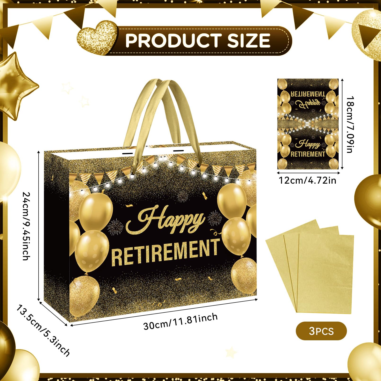 Retirement Gift Bag with Tissue Paper Set Large Black Gold Happy Retirement Wrapping Gift Bag and Greeting Card for Men Women Office Coworker Farewell Going Away Party Favors Wrap Bags Supplies